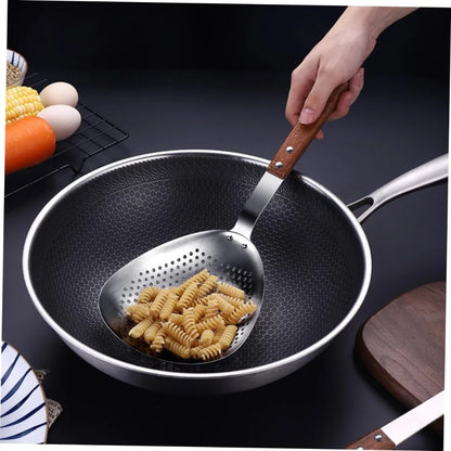 Stainless Steel Slotted Spoon Wooden Handle Food Serving Strainer for Hot Pot and Frying Kitchen Colander for Pasta and Oil Drai