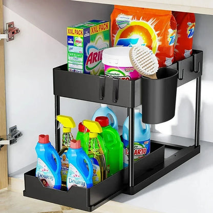Under Sink 2 Tier Sliding Cabinet Basket Organizer Storage Rack with Hooks Hanging Cup Bathroom Multifunctional Storage Rack