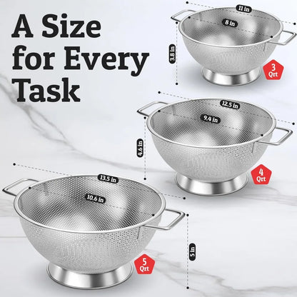 PriorityChef Premium Stainless Steel Colander for Kitchen, Durable Rice and Pasta Strainer with Handle, Rust-Resistant & Dishwas
