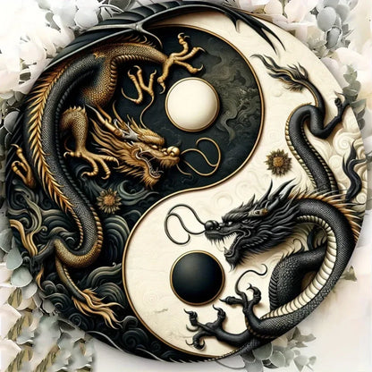 "Yin-Yang Chinese Dragon" Metal Sign – Black & White Oriental Home Decor