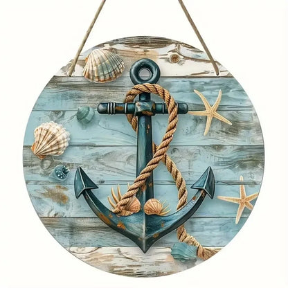 Rustic Round Wreath Sign - Aluminum Beach-Inspired Decor | Ocean Theme for Home|Weatherproof Metal, Nautical Wreath Design