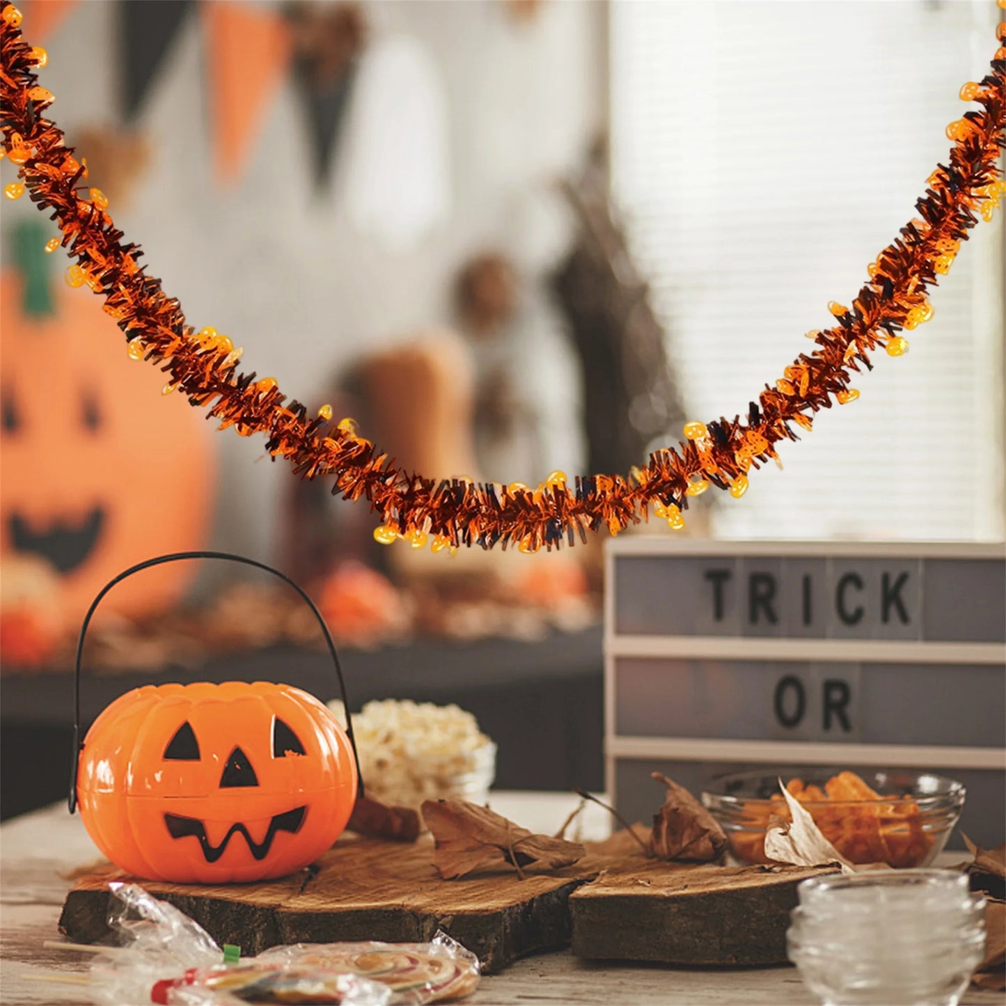 Halloween Spider Web Tinsel Garland with Ghosts Witches Spiders for Mantel Hanging Party Decorations and Wall Art