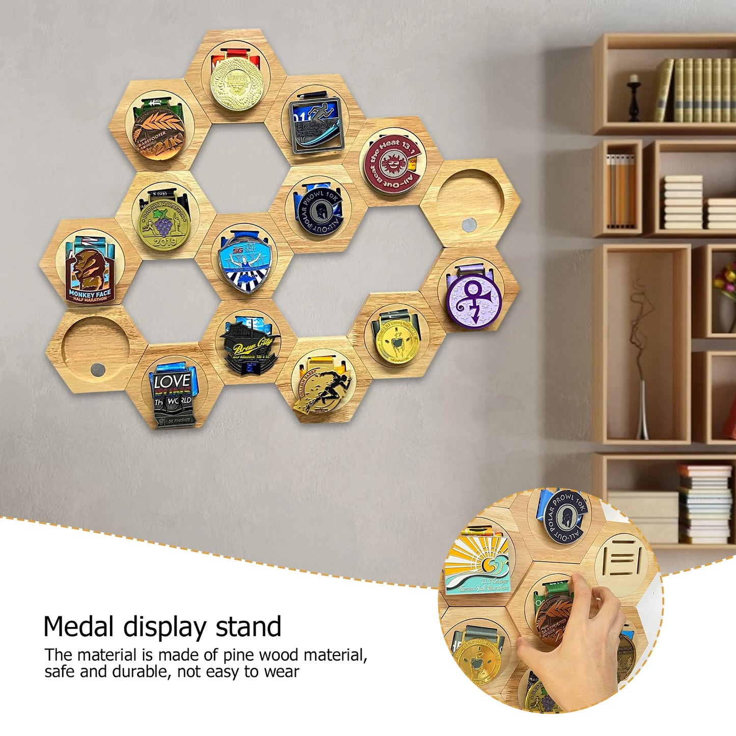 1-10Pcs Honeycomb Combination Stand Honor Marathons Medal Display Racks Hexagonal Wood Display Holder Board Hanger Wall Decor