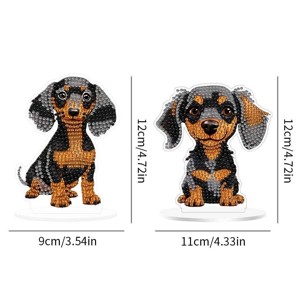 2Pcs Acrylic Special Shaped Cute Dachshund Diamond Painting Tabletop Ornaments Kit Desktop Diamond Art Kits for Table Decoration