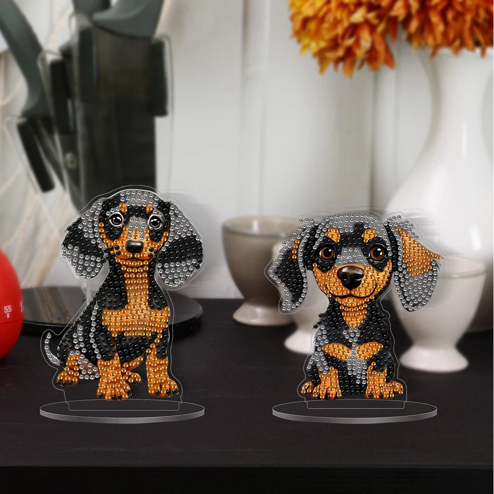 2Pcs Acrylic Special Shaped Cute Dachshund Diamond Painting Tabletop Ornaments Kit Desktop Diamond Art Kits for Table Decoration