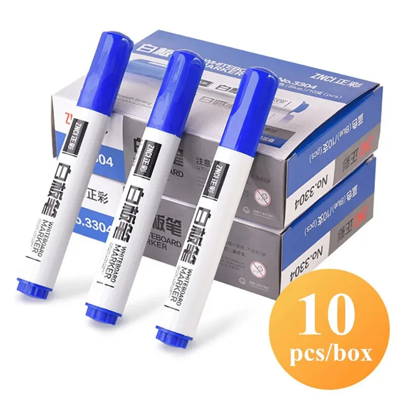 10 Pens/Box Whiteboard Marker Pen Easy to Wipe Quick Drying Water-based Marker Writing Board Erasable