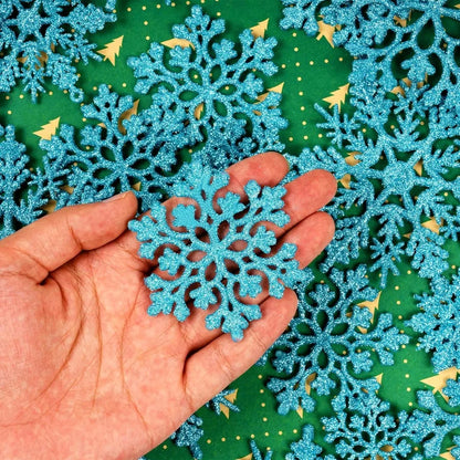 36pcs Christmas Light Blue Snowflake Ornaments Plastic Glitter Snow Flakes Ornaments for Winter Christmas Tree Decorations Size
