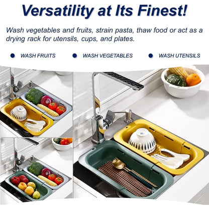 Extendable Sink Colander Strainer Basket - Wash Vegetables and Fruits, Drain Cooked Pasta and Dry Dishes - Adjustable Over the S