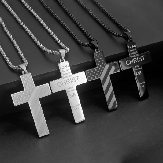 Stainless Steel USA Flag and Cross Bible Verse Necklace