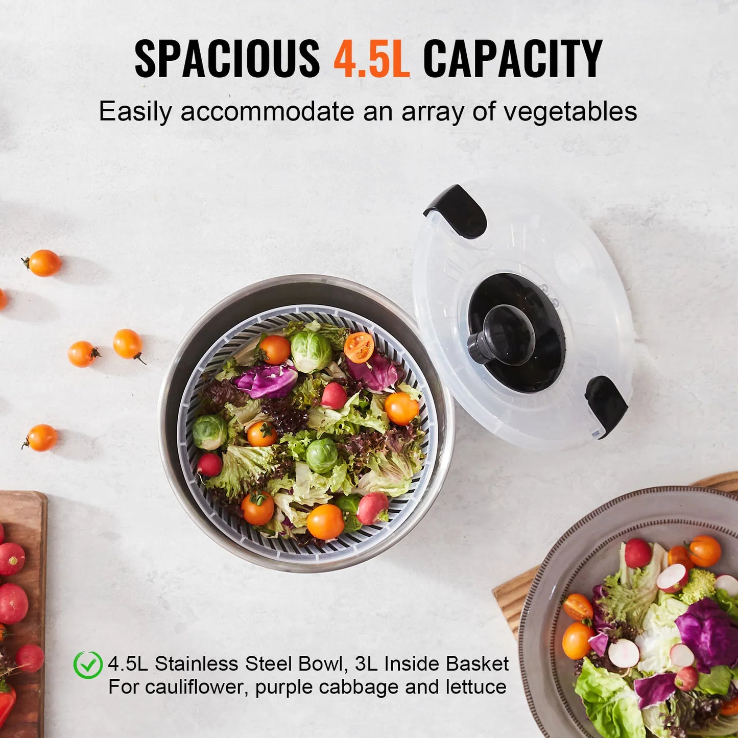 SucceBuy Stainless Steel Salad Spinner 4.75Qt One-handed Easy Press Large Vegetable Dryer Washer Lettuce Cleaner and Dryer
