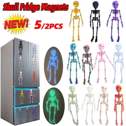 2/5PCS 3D Printed Skeleton Fridge Magnets with Movable Joints Cute Skull Fridge Magnets Home Kitchen Halloween Funny Decoration