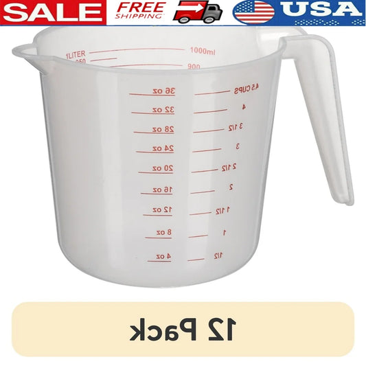 12 Pack 32 oz Clear PP Plastic Measuring Cups Easy Pour Spout Dishwasher Safe Imperial Metric Measurements Stackable Kitchen