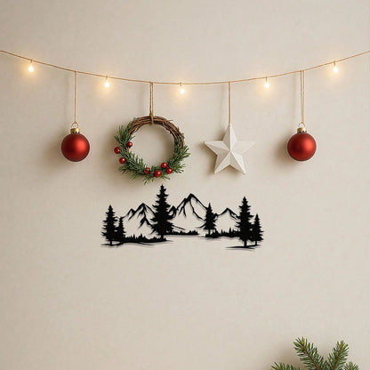 "Mountain & Forest Metal Wall Art – Black Farmhouse Decor | Nature-Inspired Indoor Hanging"