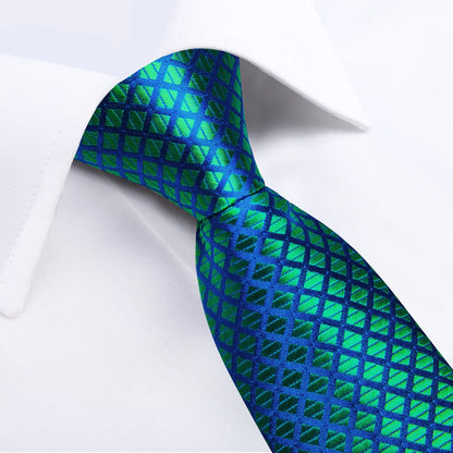 Blue-Green Plaid Tie Handkerchief Cufflinks Set