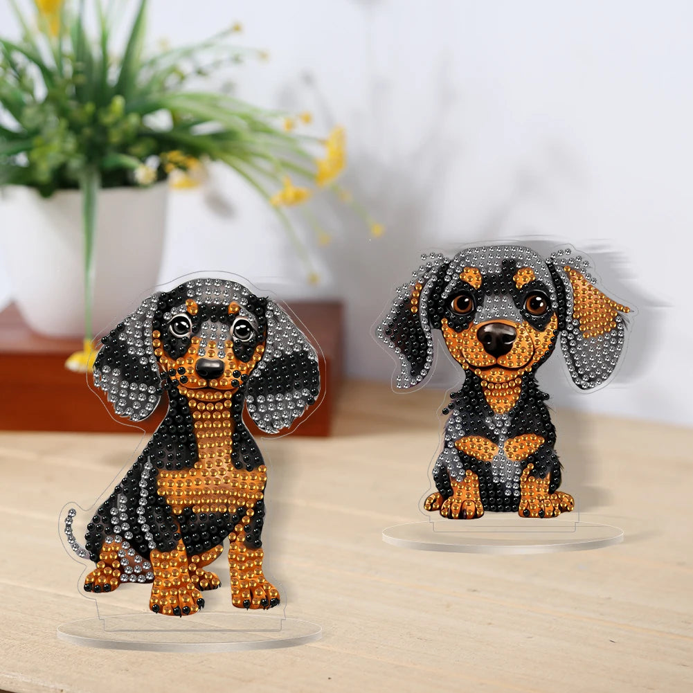 2Pcs Acrylic Special Shaped Cute Dachshund Diamond Painting Tabletop Ornaments Kit Desktop Diamond Art Kits for Table Decoration