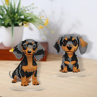 2Pcs Acrylic Special Shaped Cute Dachshund Diamond Painting Tabletop Ornaments Kit Desktop Diamond Art Kits for Table Decoration