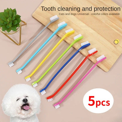 5pcs/set Long Handle Pet Toothbrush Double-head Dog Toothbrushes Oral Care Dog Teeth Cleaning Soft Hair Cat Toothbrush
