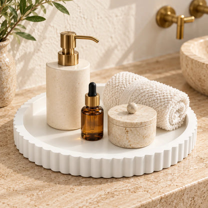 White Round Fluted Decorative Resin Tray for Bathroom Vanity, Perfume, Jewelry & Decor