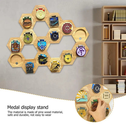 1-10Pcs Honeycomb Combination Stand Honor Marathons Medal Display Racks Hexagonal Wood Display Holder Board Hanger Wall Decor