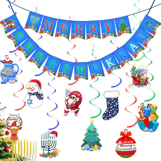Merry Chrismukka Holiday Party Decorations Kit: Merry Chrismukka Banner and 10 PCS Christmas Xmas Hanukkah Hanging Swirls for I