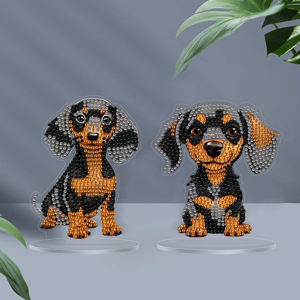 2Pcs Acrylic Special Shaped Cute Dachshund Diamond Painting Tabletop Ornaments Kit Desktop Diamond Art Kits for Table Decoration