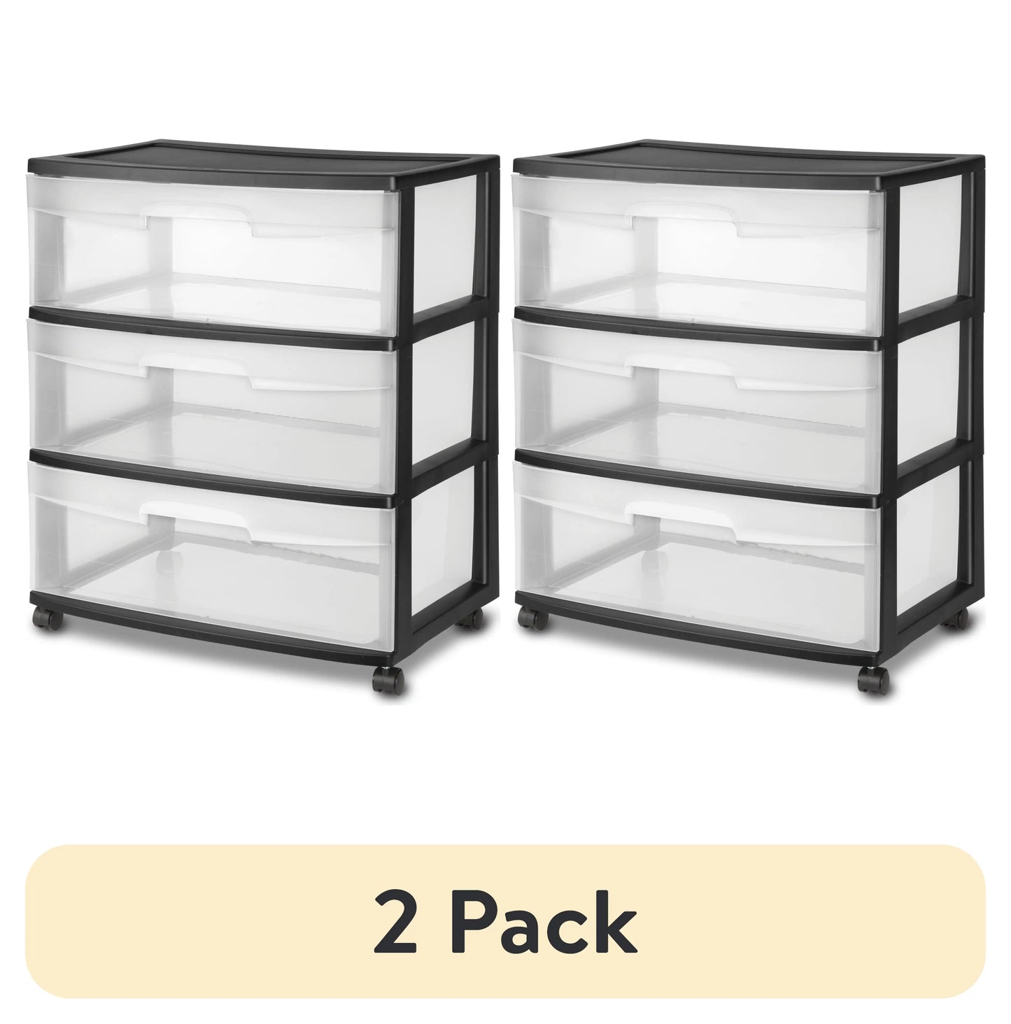 (2 pack) Sterilite Storage Drawer, 3 Drawer Wide Plastic Storage Cart with Clear Pull Out Drawers, Black