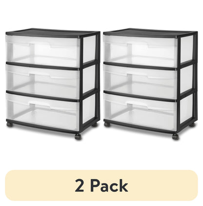 (2 pack) Sterilite Storage Drawer, 3 Drawer Wide Plastic Storage Cart with Clear Pull Out Drawers, Black