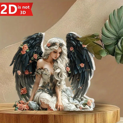 1 piece of 2D elegant angel with big black wings and roses, desktop decor, perfect for home, office desk or cafe, unique gift