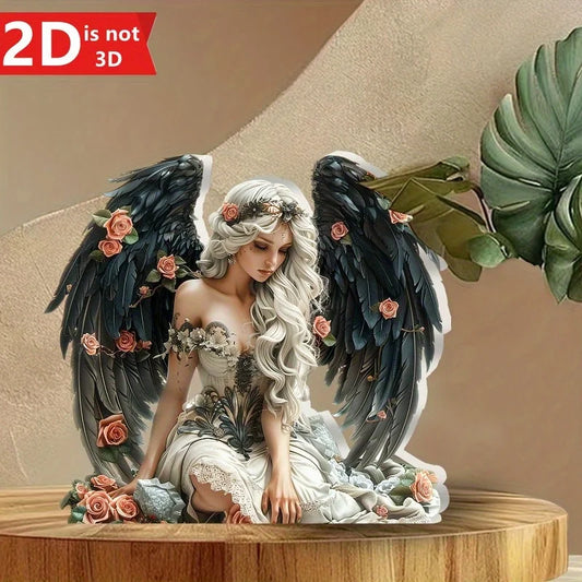 1 piece of 2D elegant angel with big black wings and roses, desktop decor, perfect for home, office desk or cafe, unique gift
