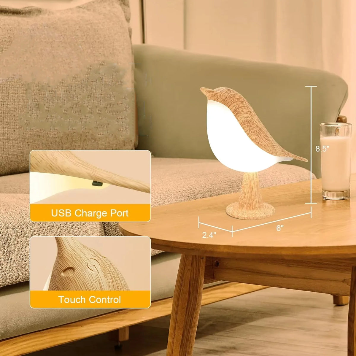 LED Bird Lamp Touch Control Cordless Night Light Dimmable USB Rechargeable Lamp