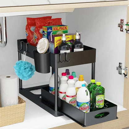 Under Sink 2 Tier Sliding Cabinet Basket Organizer Storage Rack with Hooks Hanging Cup Bathroom Multifunctional Storage Rack