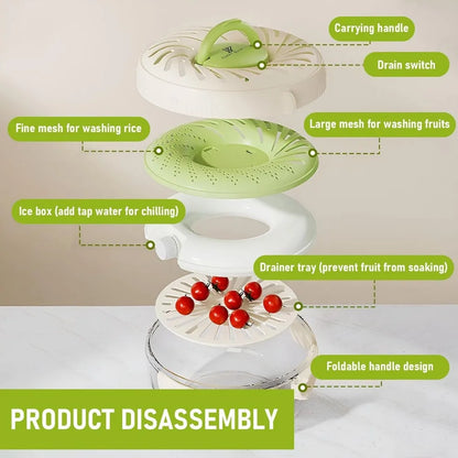 2 in 1 Drainer, 2 in 1 Drainer and Strainer with Ice Box Preservation, Bilayer Collapsible Fruit Washing Basket with Cover and H