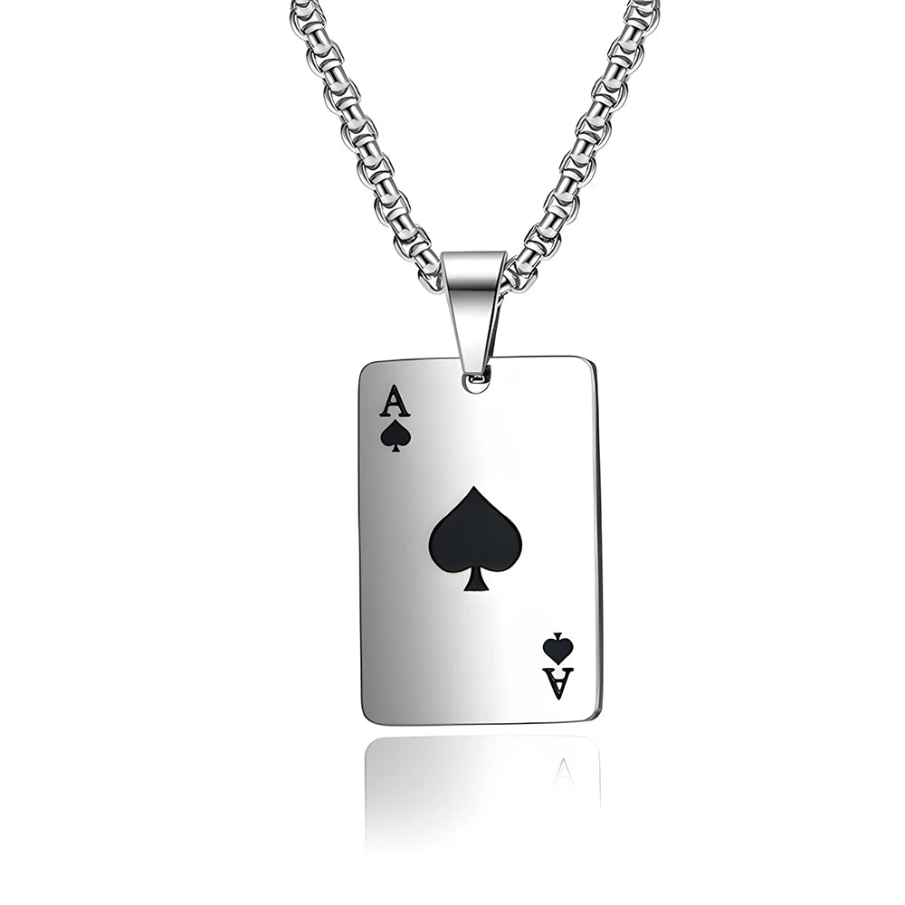 Stainless Steel Poker Card Ace of Spades Necklace Pendant Chain Playing Cards Jewelry Ace of Hearts Necklaces