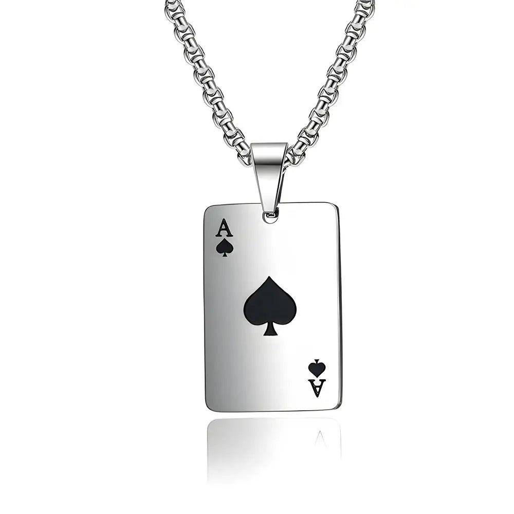Stainless Steel Poker Card Ace of Spades Necklace Pendant Chain Playing Cards Jewelry Ace of Hearts Necklaces