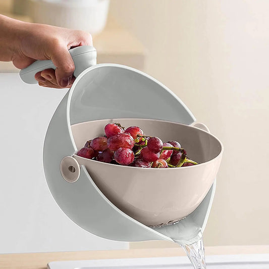 2 in 1 Kitchen Colander Set, Vegetable and Fruit Rotating Cleaning Colander with Handle, for Fruits Vegetables Pasta Noodles Was