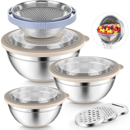 P&P CHEF Mixing Bowls with Lids Set of 3, Stainless Steel Mixing Bowl and Colander for Kitchen, 3 Grater Attachments & Non-Slip