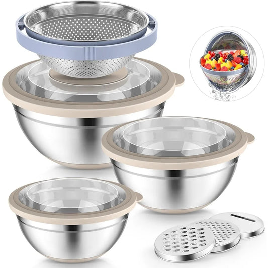 P&P CHEF Mixing Bowls with Lids Set of 3, Stainless Steel Mixing Bowl and Colander for Kitchen, 3 Grater Attachments & Non-Slip
