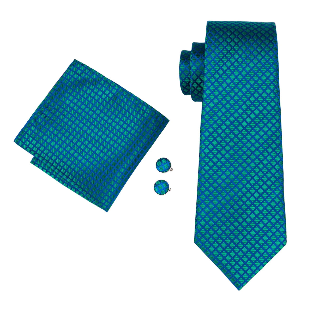 Blue-Green Plaid Tie Handkerchief Cufflinks Set