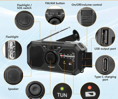 Multifunctional solar hand crank dynamo charging  AM FM Radio with torch.SOS alarm, outdoor camping  Hike emergency power bank