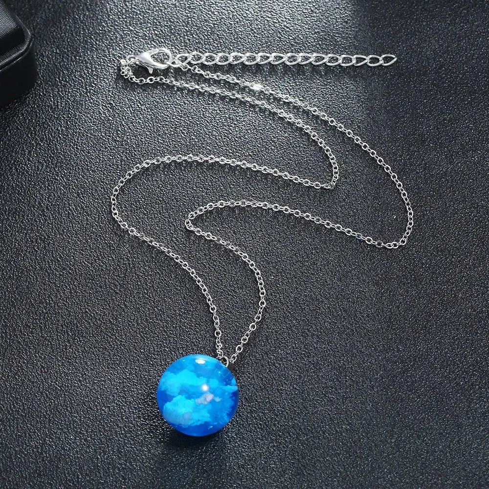 1pc Blue Sky with White Clouds Pattern Round Resin Pendant Necklace Transparent