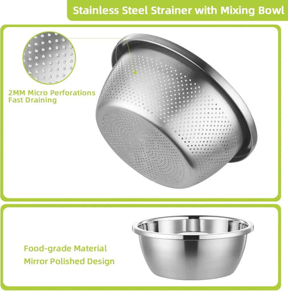 304 Stainless Steel Colander Microporous with Mixing Bowls, 2-Quart Strainers and Colanders for Kitchen, Food-Grade Strainer for