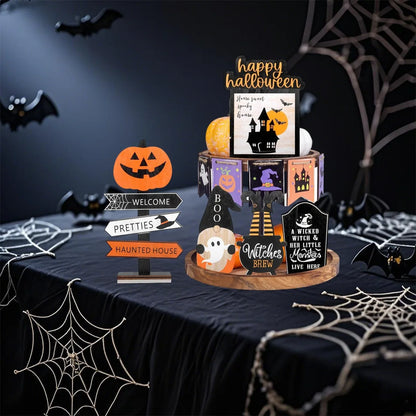 Spooky Halloween Tiered Tray Decor Set with Wooden Pumpkin and Bat Table Signs for Festive Home Party Table Display