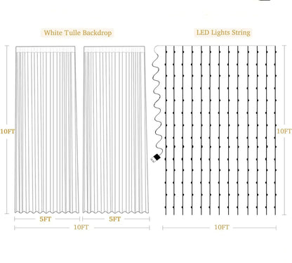 20ftx10ft Ivory Tulle Backdrop Curtain with Lights, 4 Panels 5x10ft Sheer Wrinkle Free Backdrop Drapes for Baby Shower Birthday