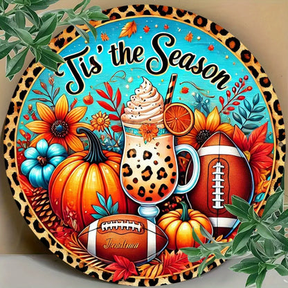 "Autumn Leopard Print Football Pumpkin Aluminum Sign – Wall Hanging Decor & Festive Wreath Accent | Perfect for Home Decor"