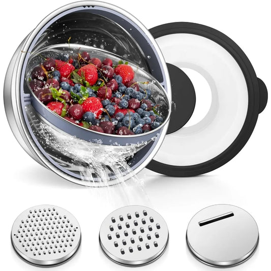 4-1 Colander with Bowl Set, Rotatable Colander for Kitchen, Stainless Steel Food Strainers and Colanders Mixing Bowl with Grate