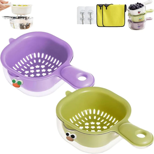 Kitchen Dual-Layer Draining Basket with Handle, Upgraded Fruit Vegetable Washing Bowl with Strainer Container, Multipurpose Port