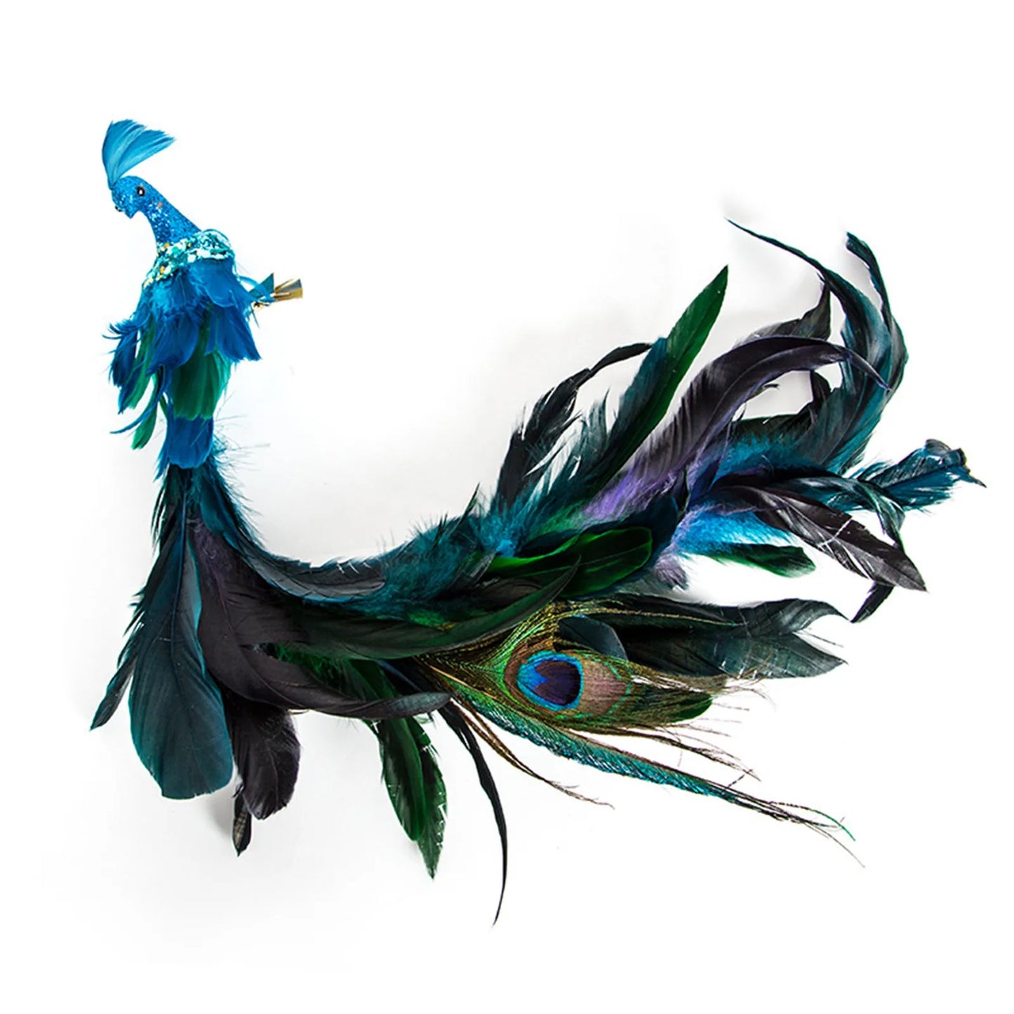 Christmas Decorations Faux Peacock Ornaments Glitter Blue Peacock Ornaments With Tail Feather Clip-On Decor Set For Christmas