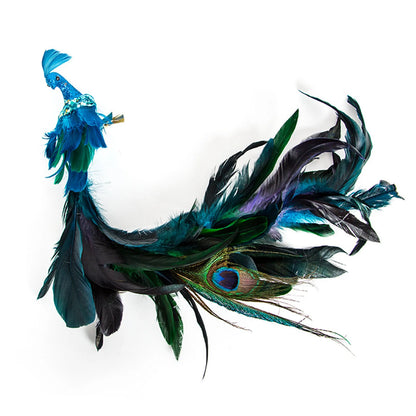Christmas Decorations Faux Peacock Ornaments Glitter Blue Peacock Ornaments With Tail Feather Clip-On Decor Set For Christmas
