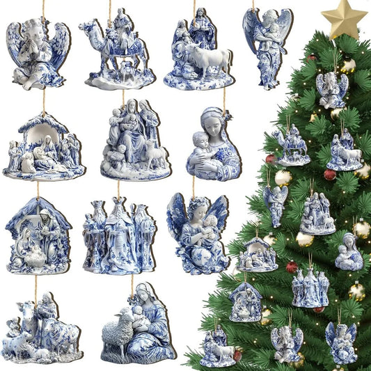 36 Pcs Blue and White Porcelain Wooden Ornaments Vintage Blue and White Christmas Tree Ornaments Ceramics Decorations fo
