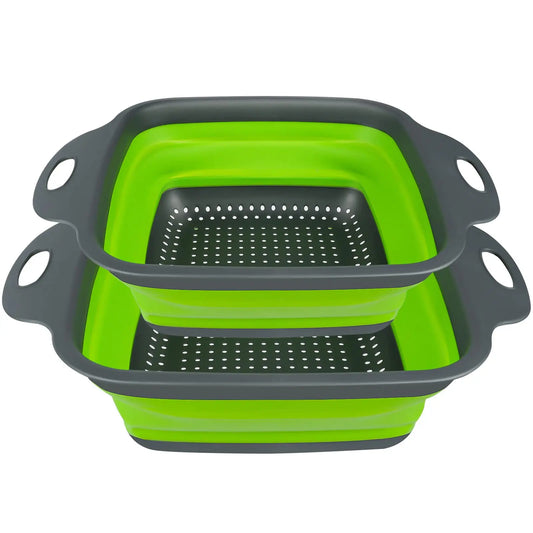 Two-piece foldable square silicone colander set with plastic handles for draining pasta, vegetables, and fruit.